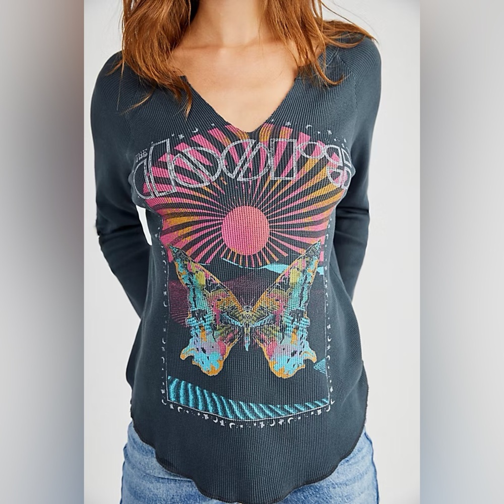 Daydreamer x Free People The Doors Grey Waffle Knit Graphic Long Sleeve T sz M